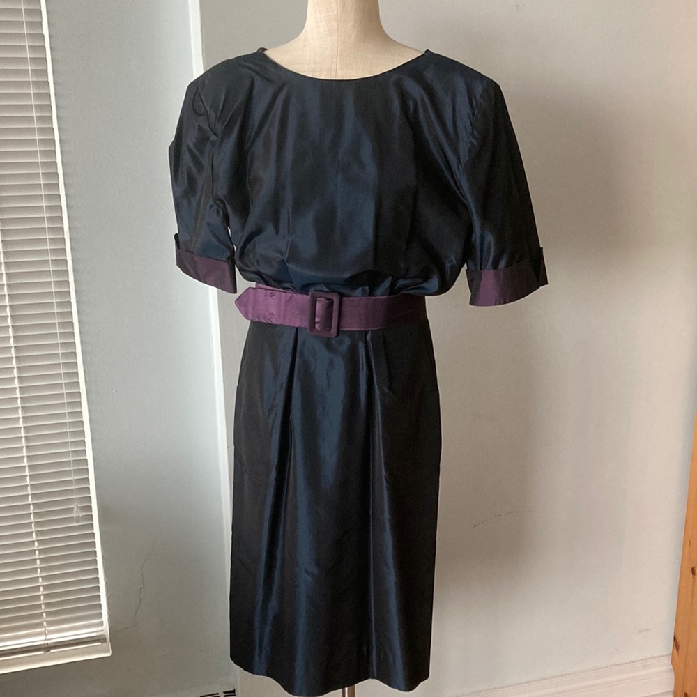Taffeta navy & purple belted dress NWT